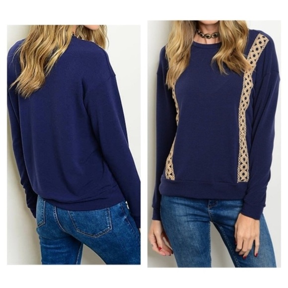 Tops - Navy Blue Sweatshirt with Crochet Trim 👚